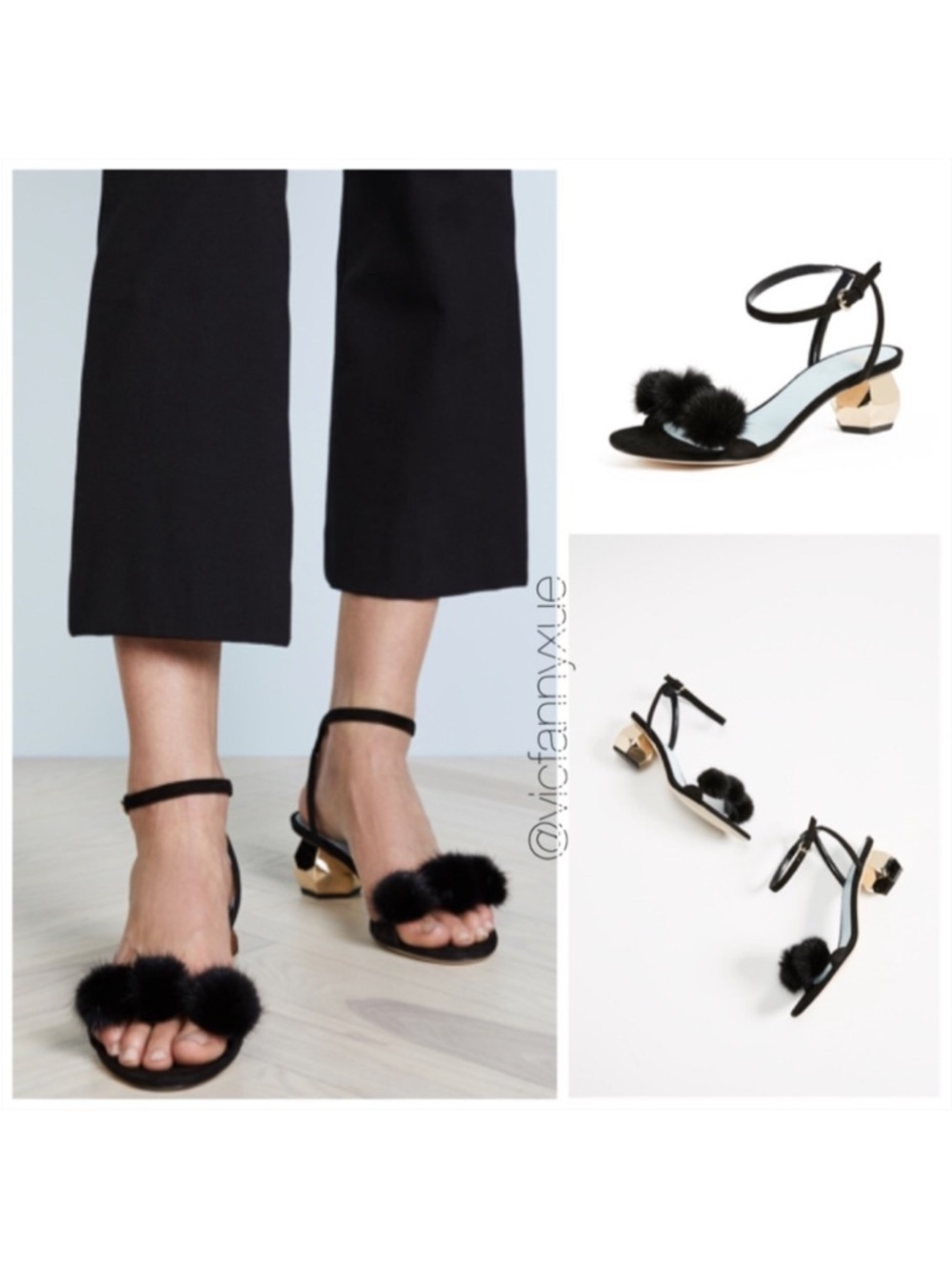 Frances Valentine Beatrix Fur Pom city sandals heels 6.5